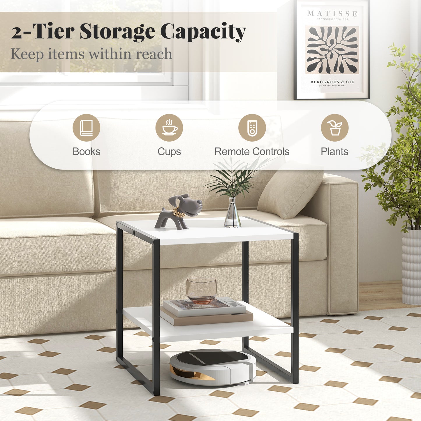 2-Tier Square End Table with Storage Shelf Reversible Design-White