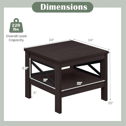 2-Tier Square Side Table with Storage Shelf and X-Frame for Bedroom Living Room