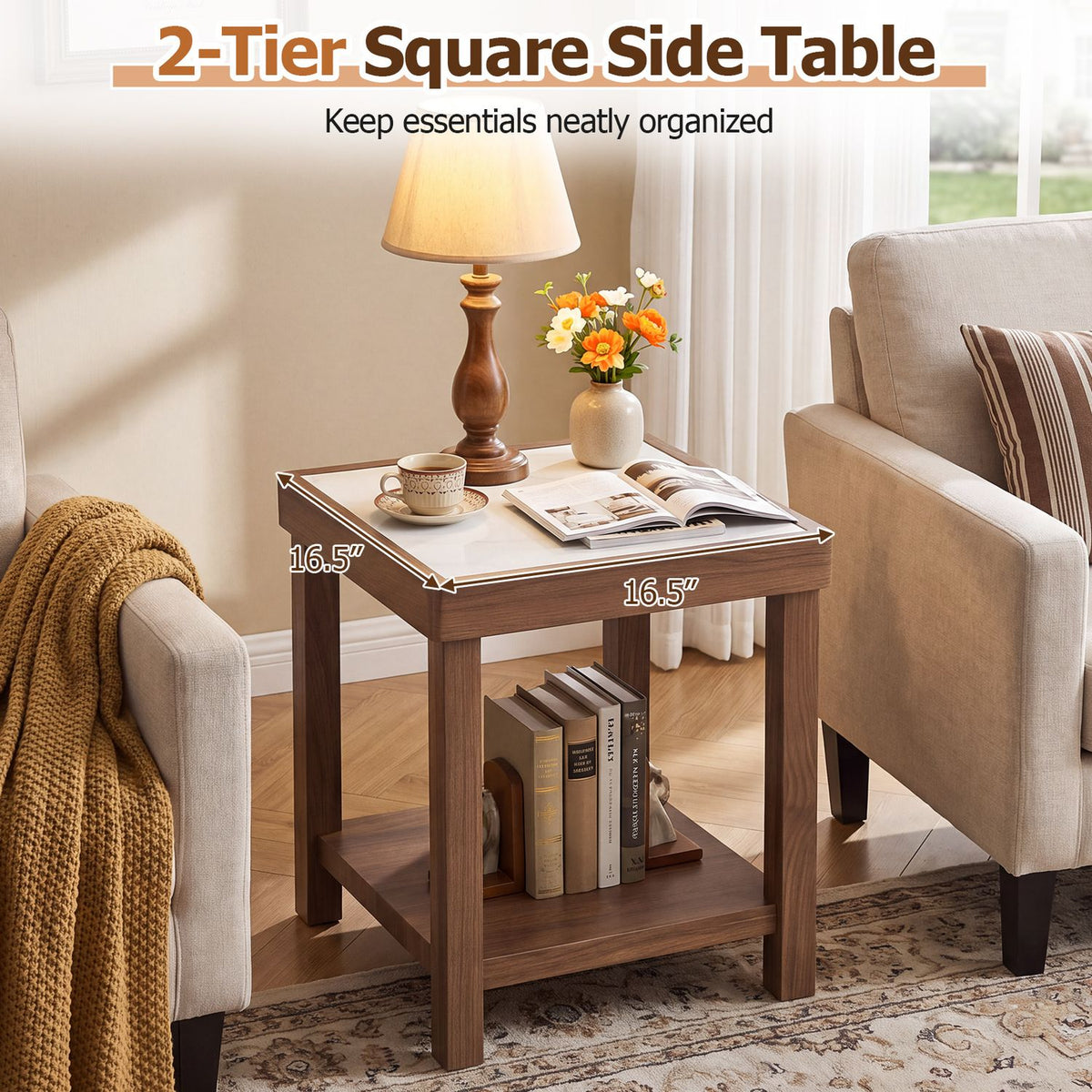 2-Tier Square Side Table with Faux Marble Top for Living Room-Walnut