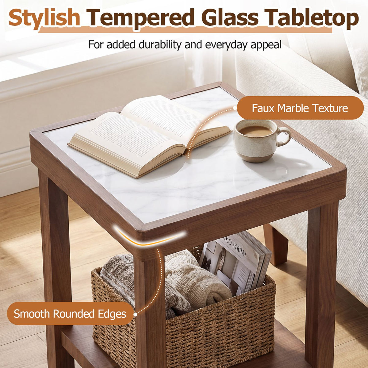 2-Tier Square Side Table with Faux Marble Top for Living Room-Walnut