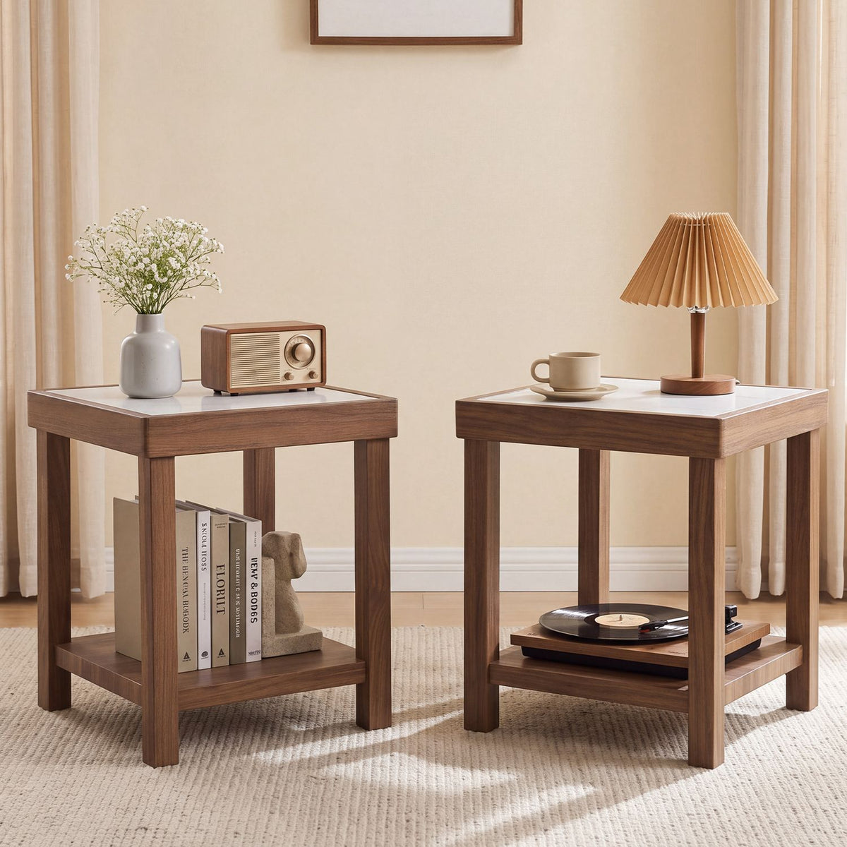 2-Tier Square Side Table with Faux Marble Top for Living Room Set of 2-Brown