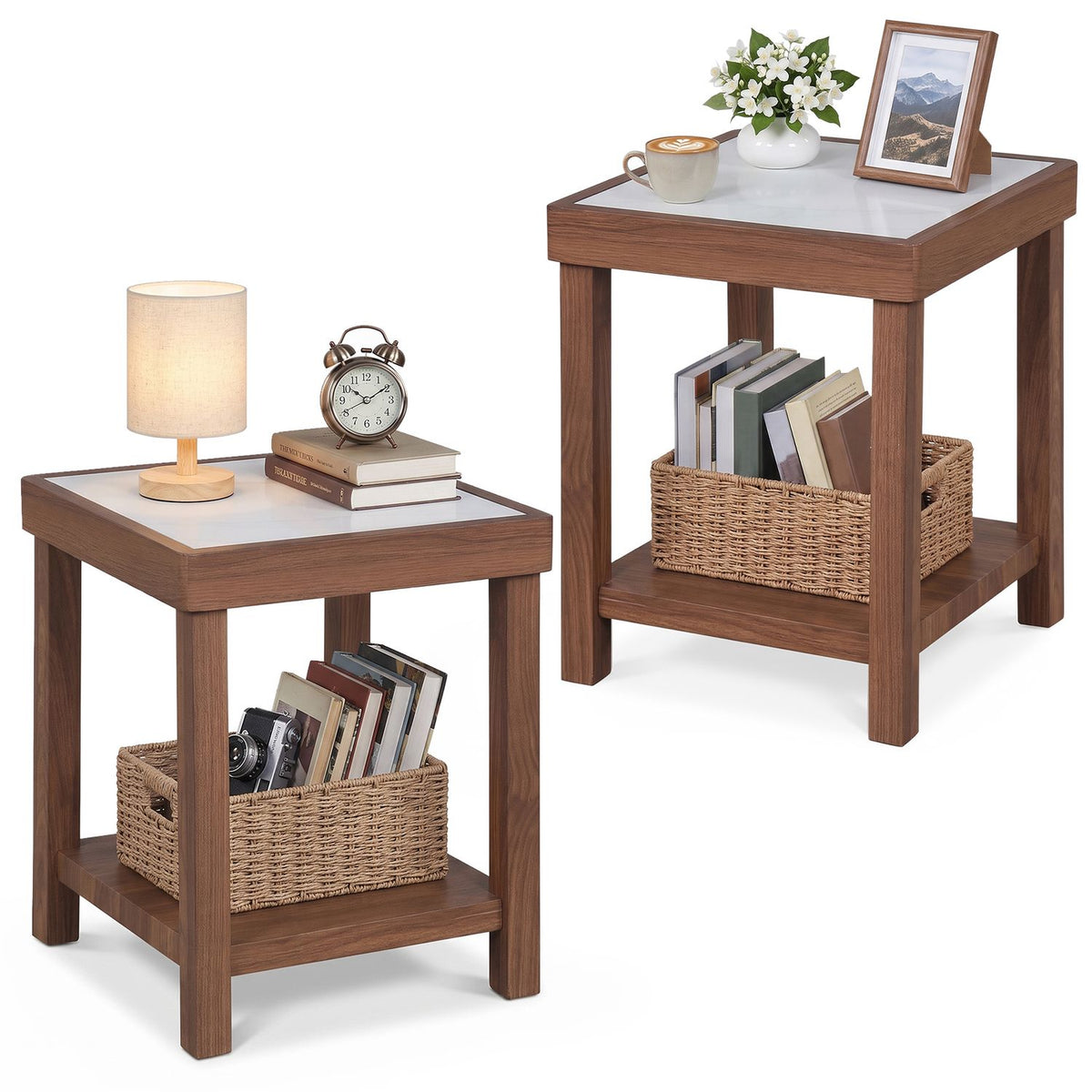 2-Tier Square Side Table with Faux Marble Top for Living Room Set of 2-Brown