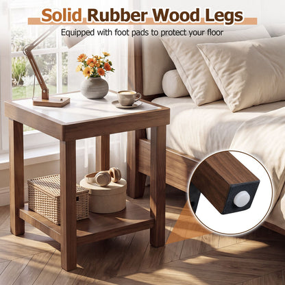 2-Tier Square Side Table with Faux Marble Top for Living Room Set of 2-Brown