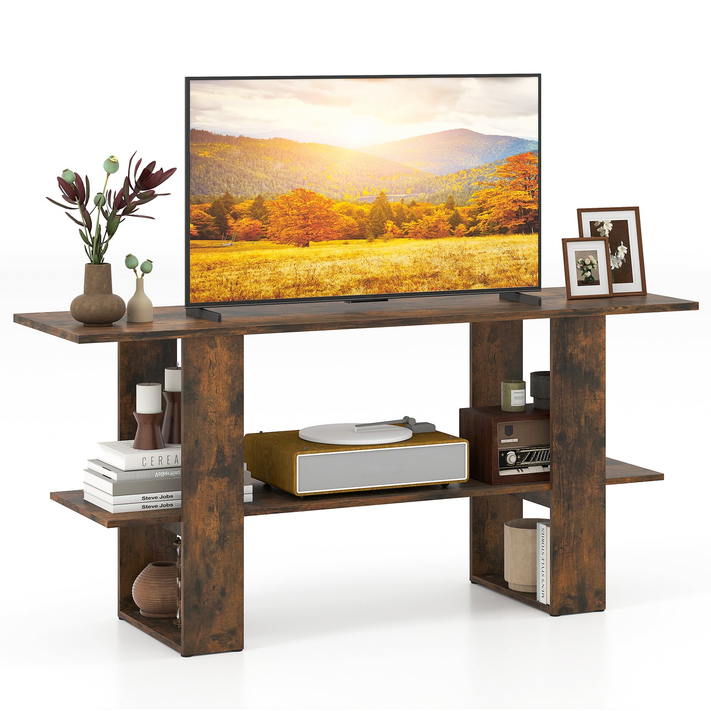 2-Tier TV Stand with Storage for TVs up to 55 Inch Console Table with Open Shelf-Rustic Brown