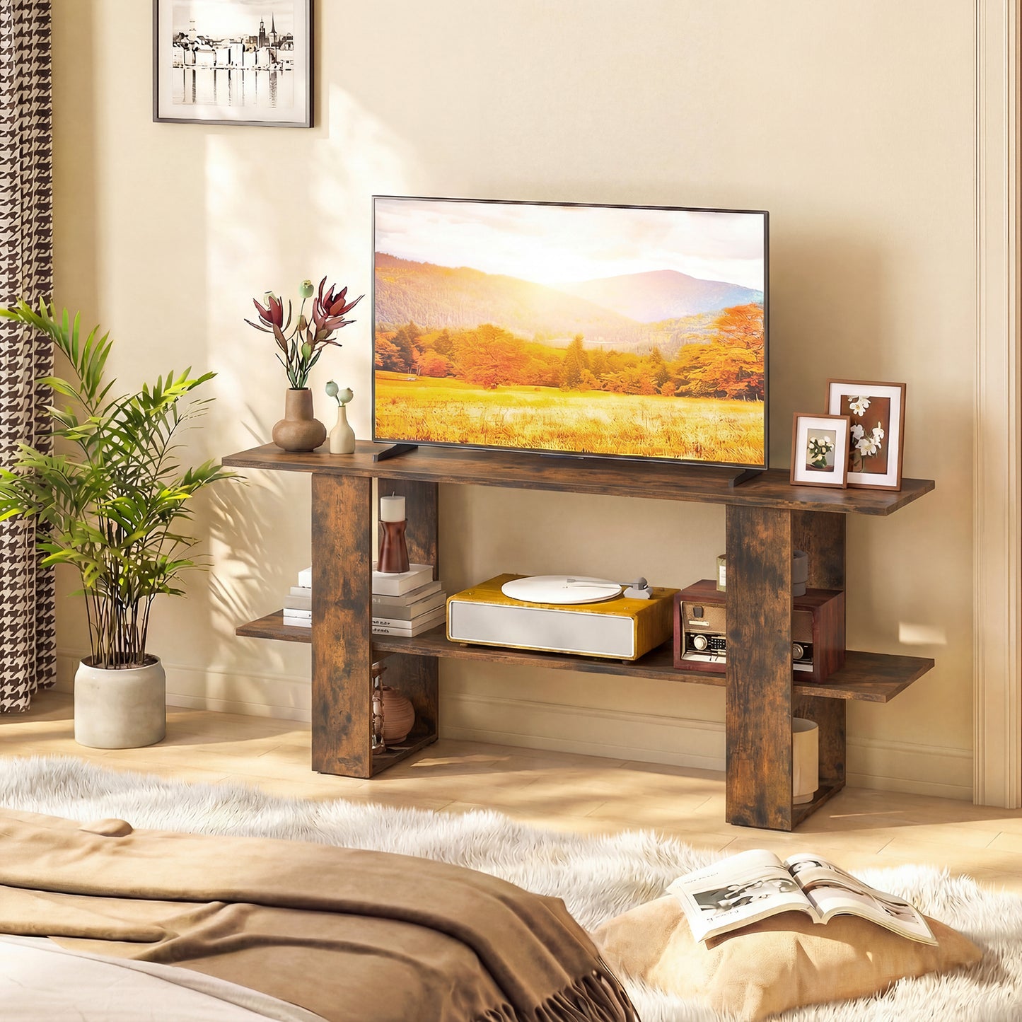 2-Tier TV Stand with Storage for TVs up to 55 Inch Console Table with Open Shelf-Rustic Brown