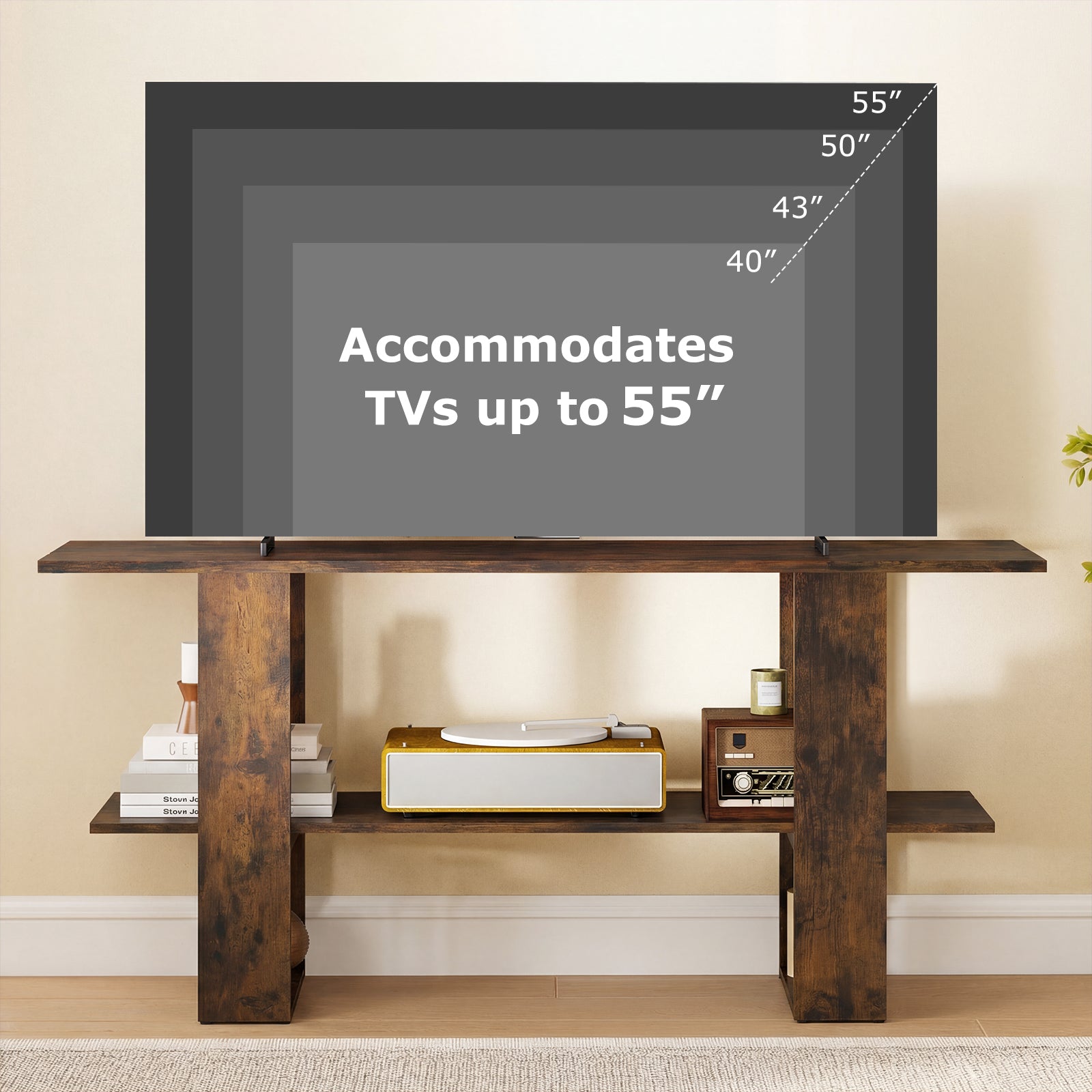2-Tier TV Stand with Storage for TVs up to 55 Inch Console Table with Open Shelf-Rustic Brown