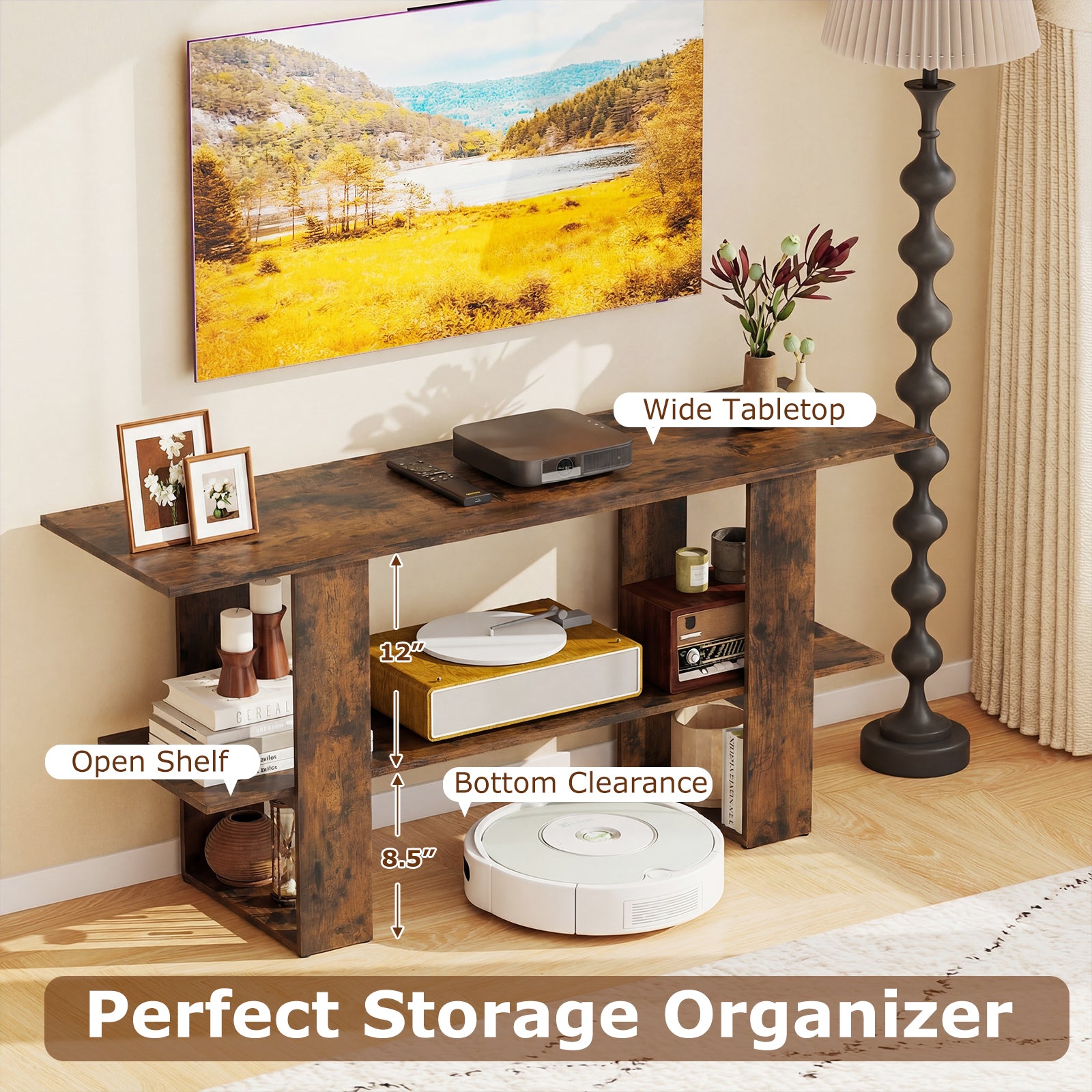 2-Tier TV Stand with Storage for TVs up to 55 Inch Console Table with Open Shelf-Rustic Brown