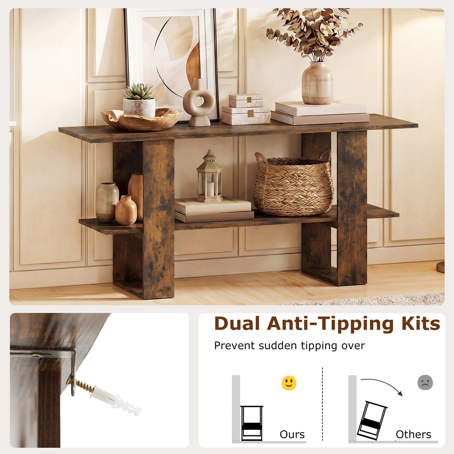 2-Tier TV Stand with Storage for TVs up to 55 Inch Console Table with Open Shelf-Rustic Brown