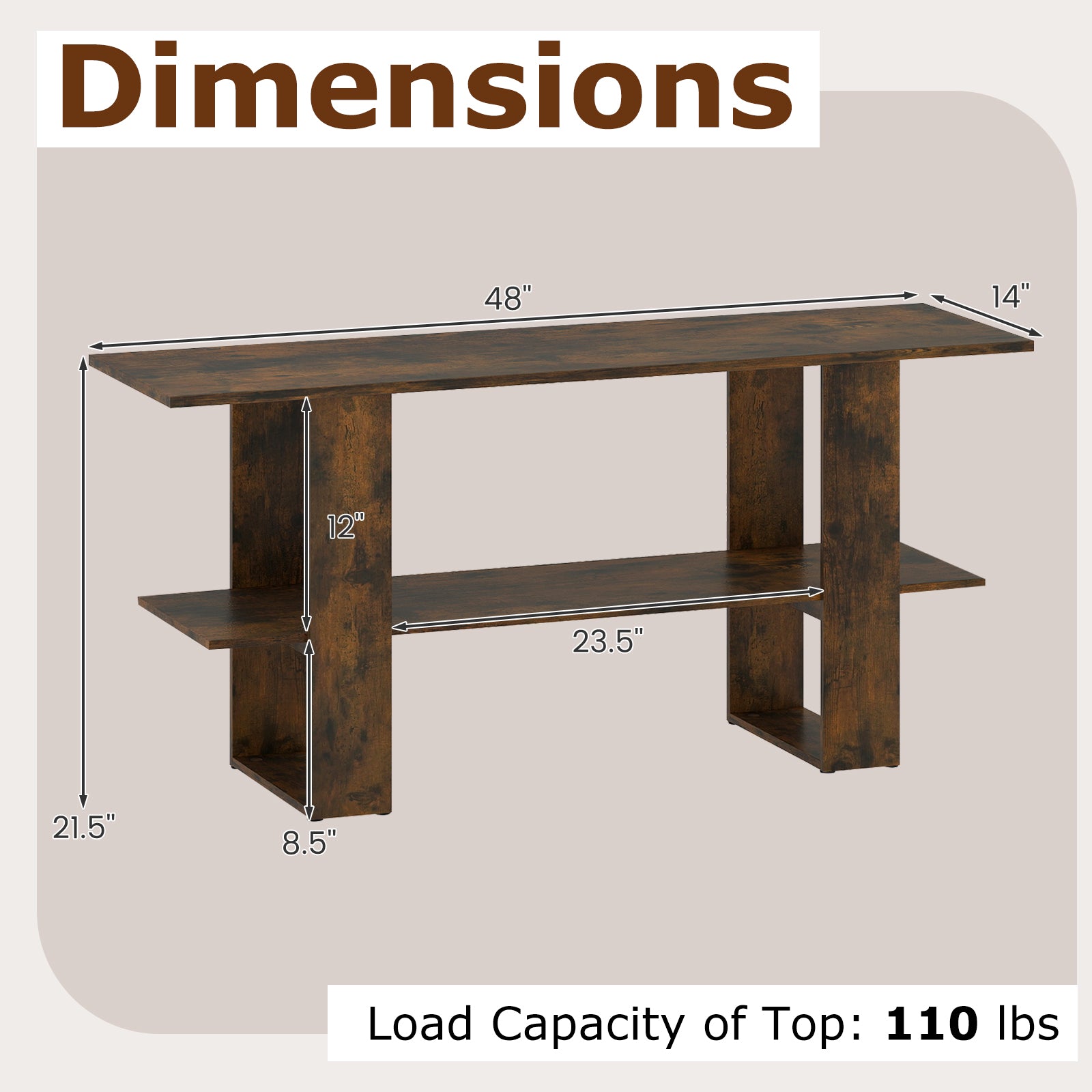 2-Tier TV Stand with Storage for TVs up to 55 Inch Console Table with Open Shelf-Rustic Brown