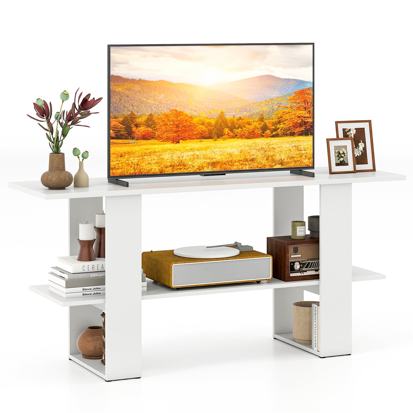 2-Tier TV Stand with Storage for TVs up to 55 Inch Console Table with Open Shelf-White
