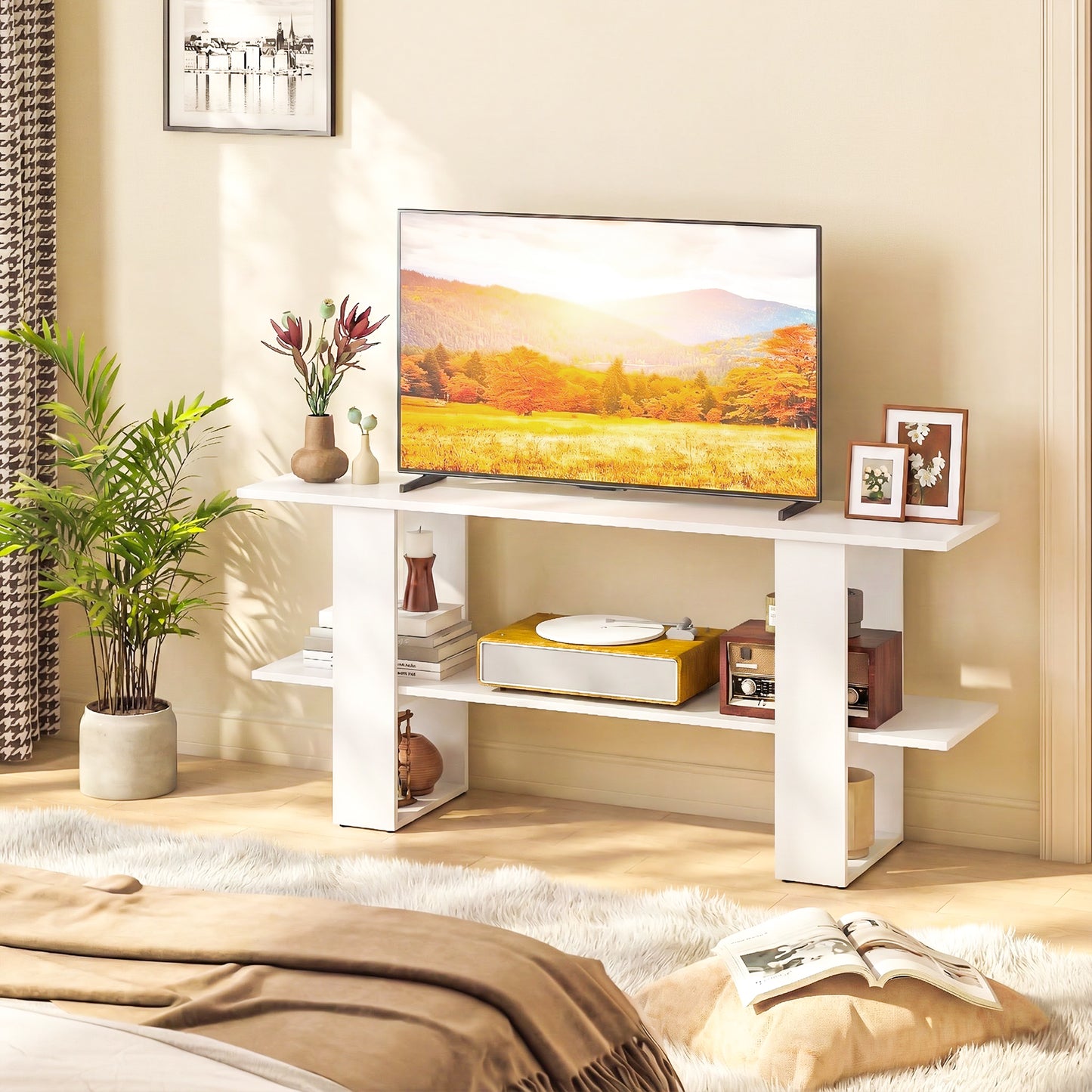 2-Tier TV Stand with Storage for TVs up to 55 Inch Console Table with Open Shelf-White