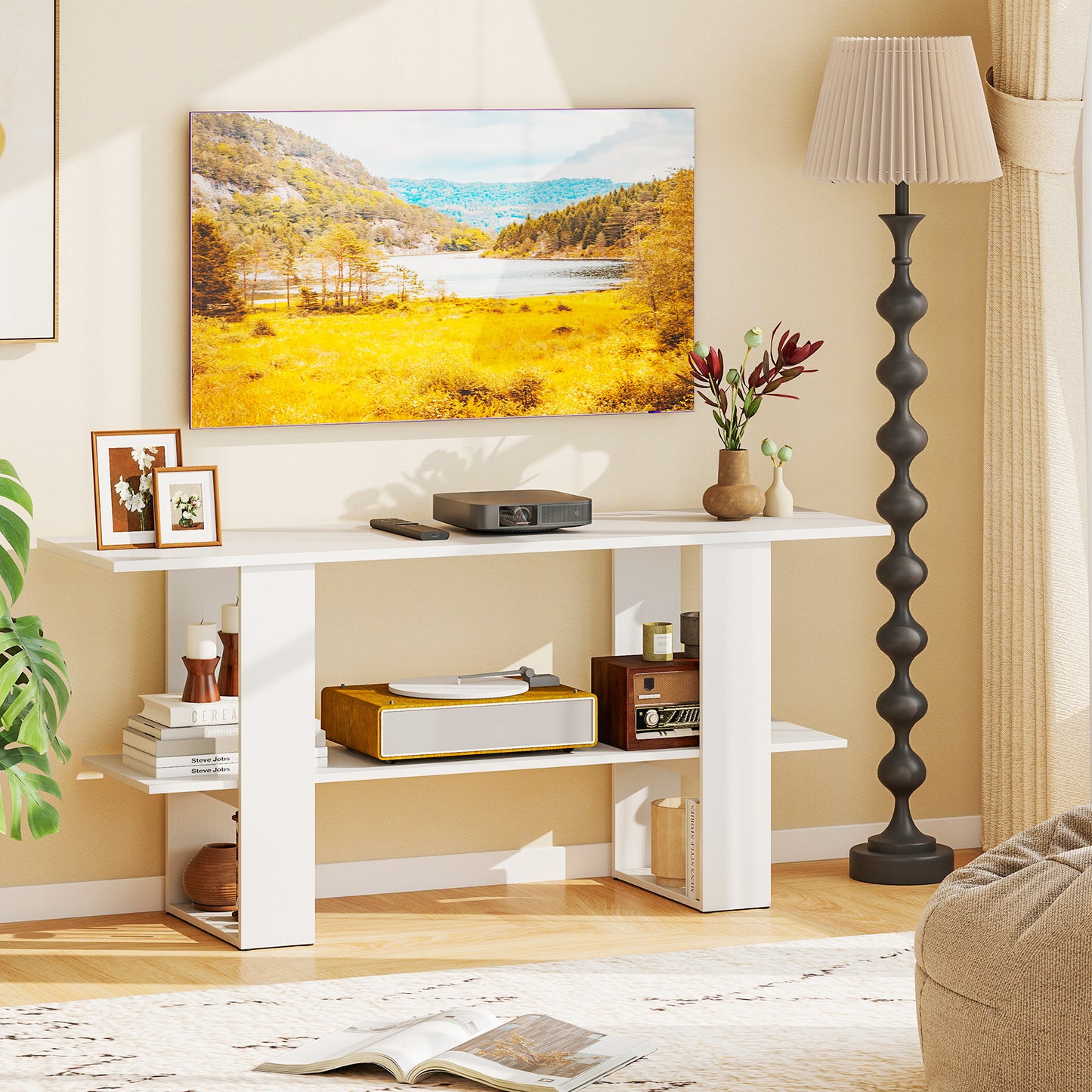 2-Tier TV Stand with Storage for TVs up to 55 Inch Console Table with Open Shelf-White