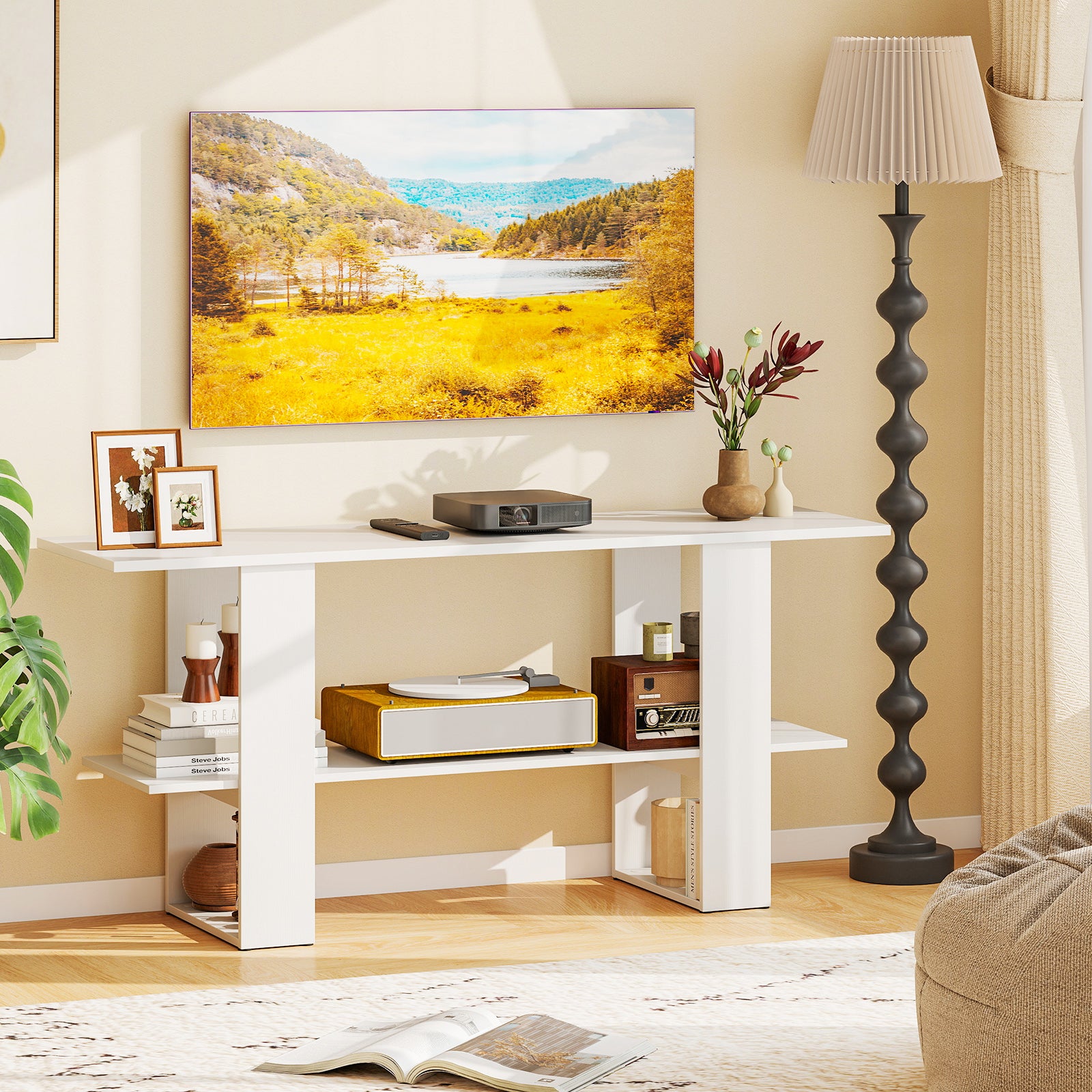 2-Tier TV Stand with Storage for TVs up to 55 Inch Console Table with Open Shelf-White