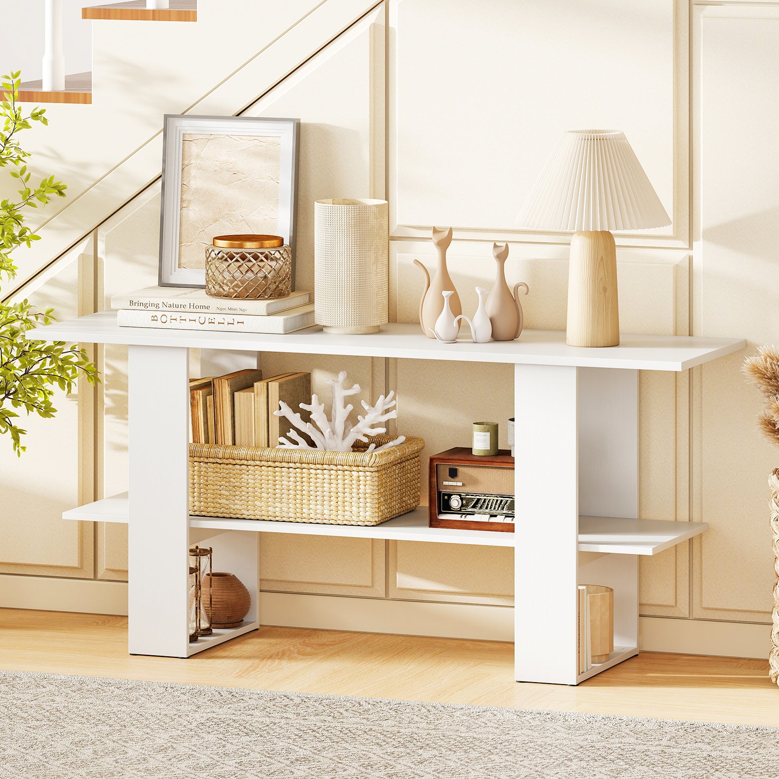 2-Tier TV Stand with Storage for TVs up to 55 Inch Console Table with Open Shelf-White