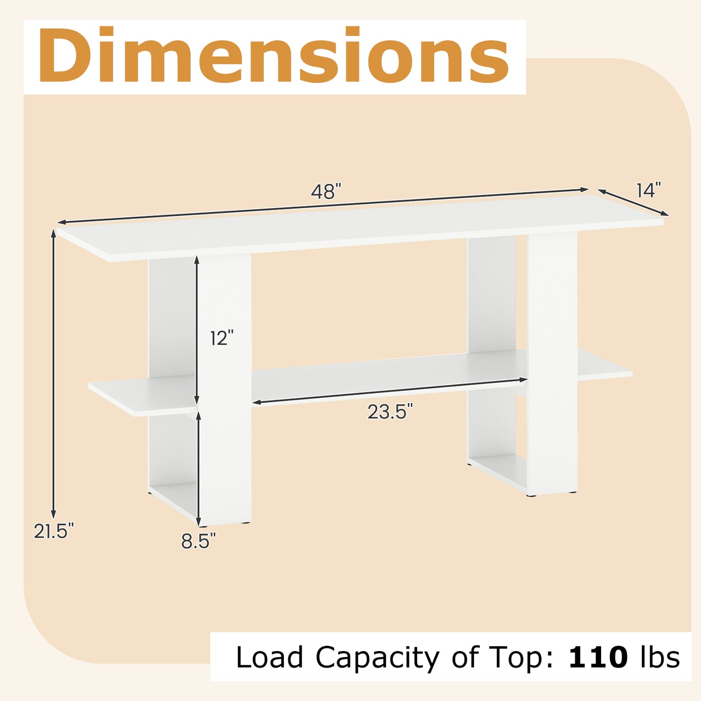 2-Tier TV Stand with Storage for TVs up to 55 Inch Console Table with Open Shelf-White