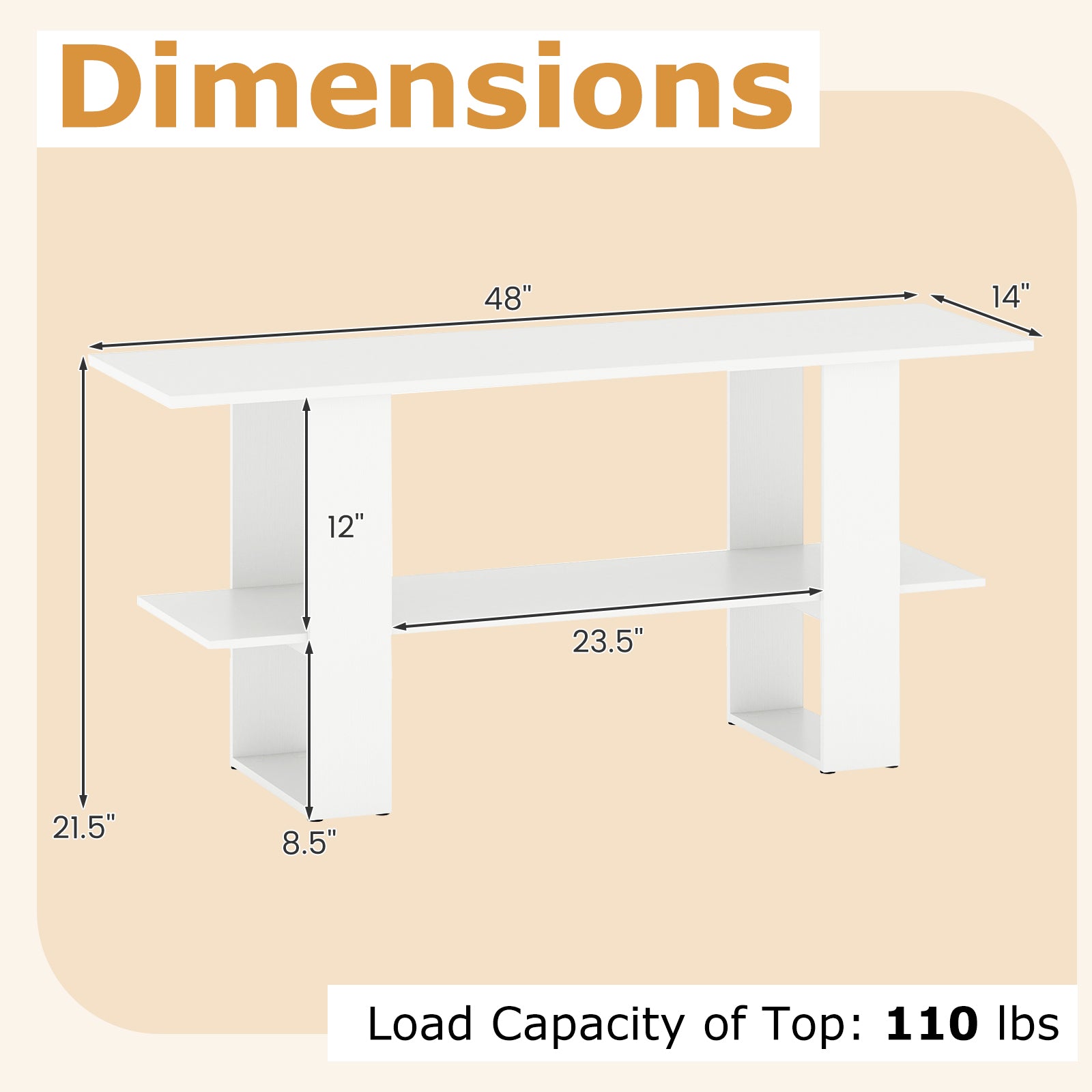 2-Tier TV Stand with Storage for TVs up to 55 Inch Console Table with Open Shelf-White
