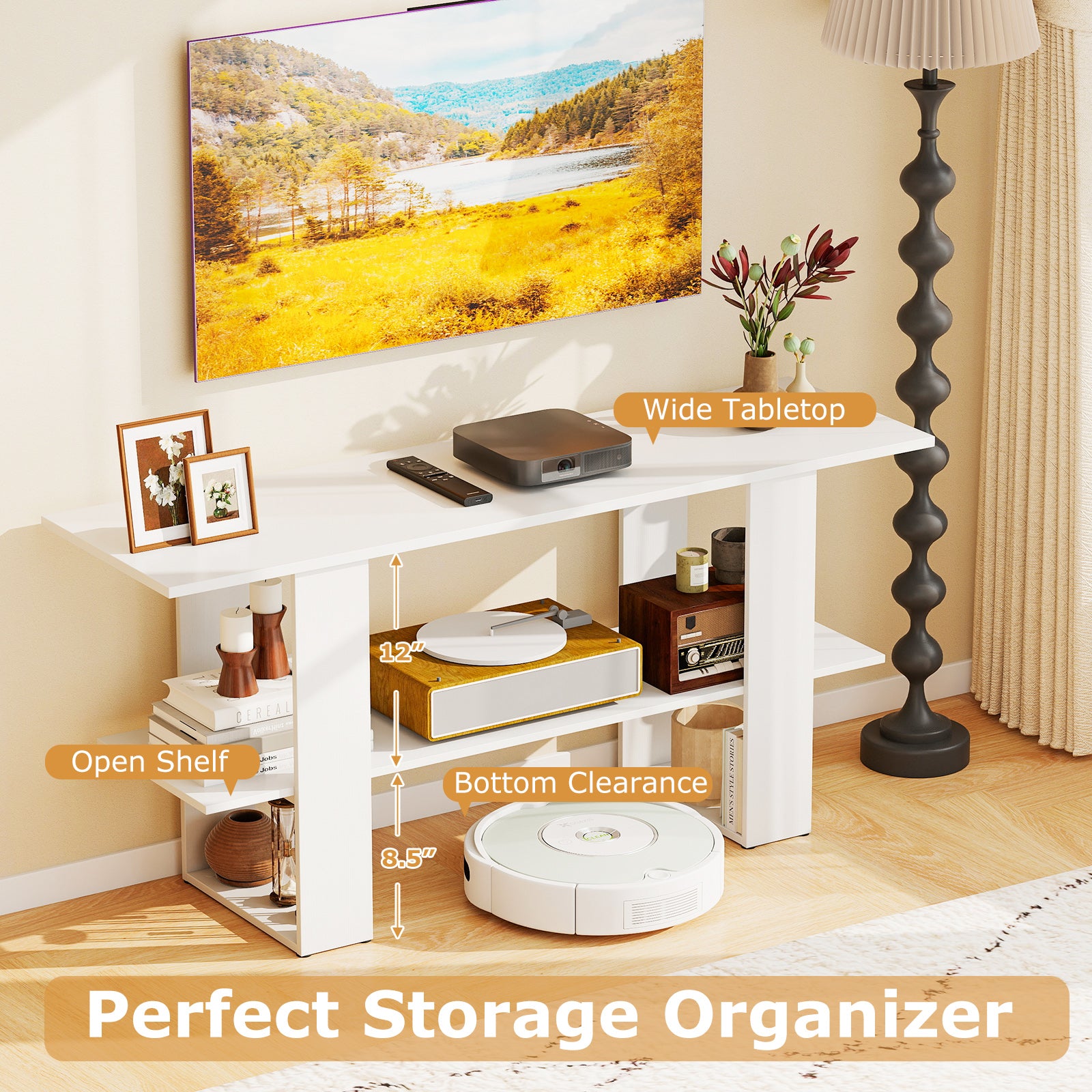 2-Tier TV Stand with Storage for TVs up to 55 Inch Console Table with Open Shelf-White