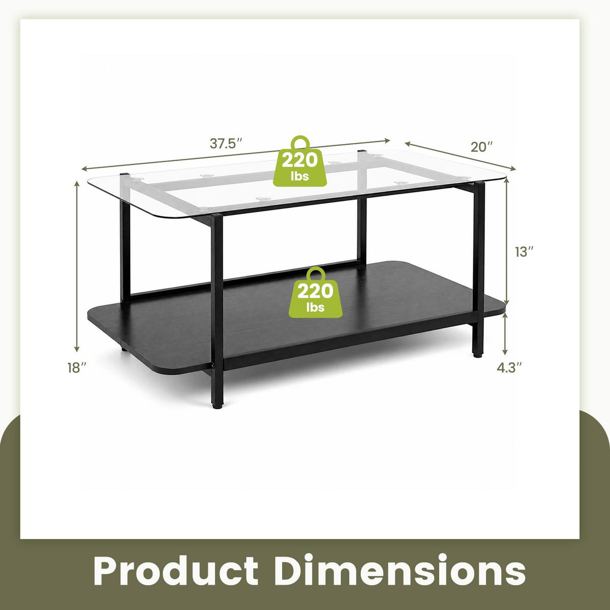 2-Tier Tempered Glass Coffee Table with Storage Shelf-Black