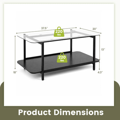 2-Tier Tempered Glass Coffee Table with Storage Shelf-Black