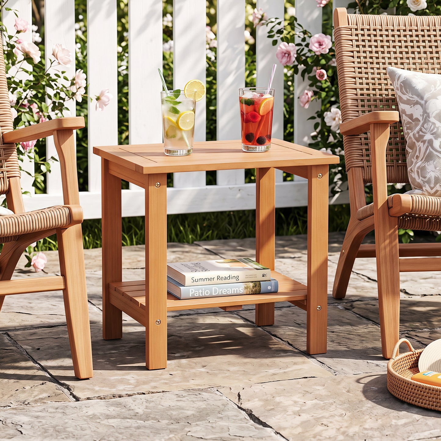 2-Tier Eucalyptus Wood Patio End Table with Storage Shelf