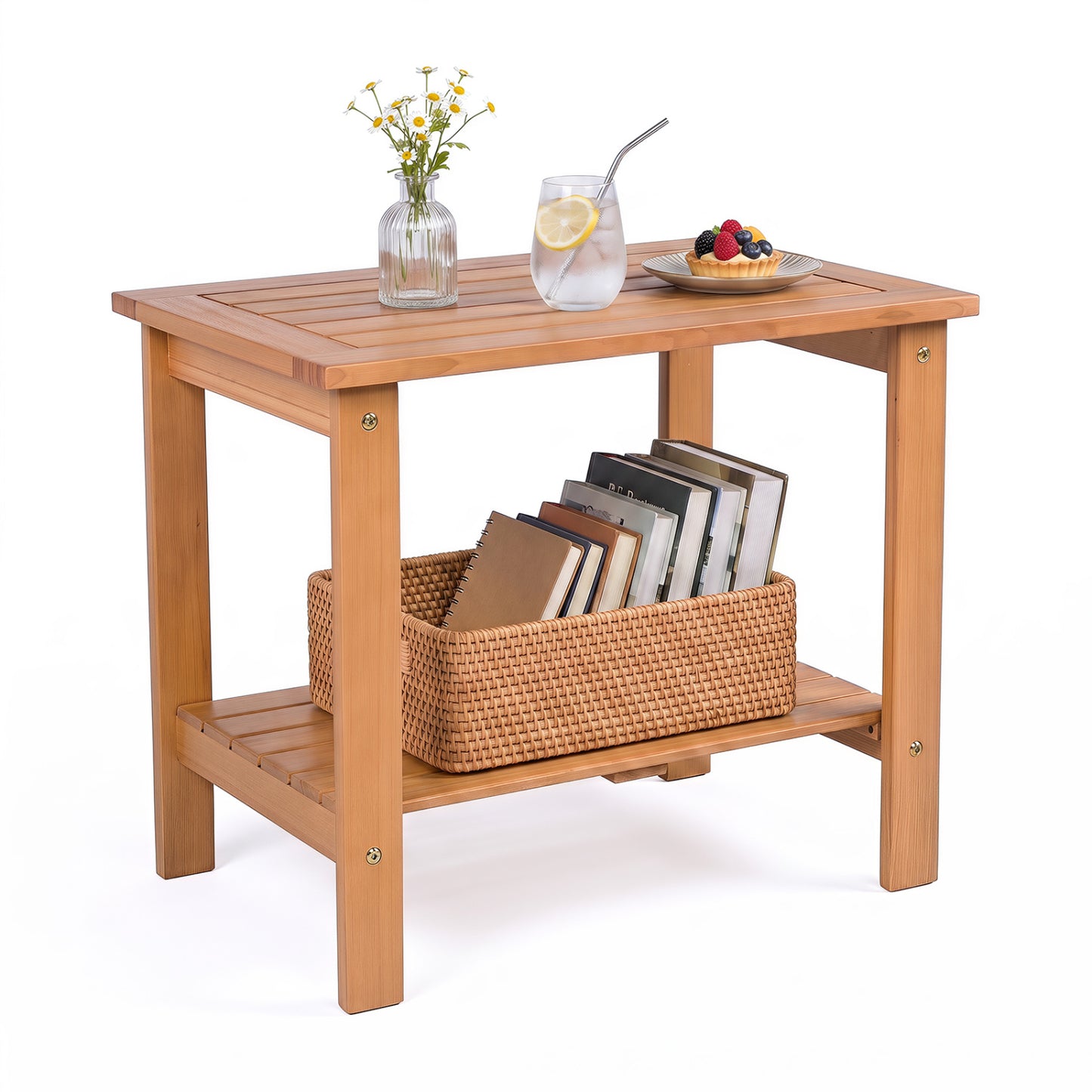 2-Tier Eucalyptus Wood Patio End Table with Storage Shelf