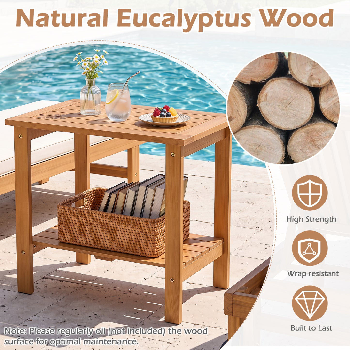 2-Tier Eucalyptus Wood Patio End Table with Storage Shelf