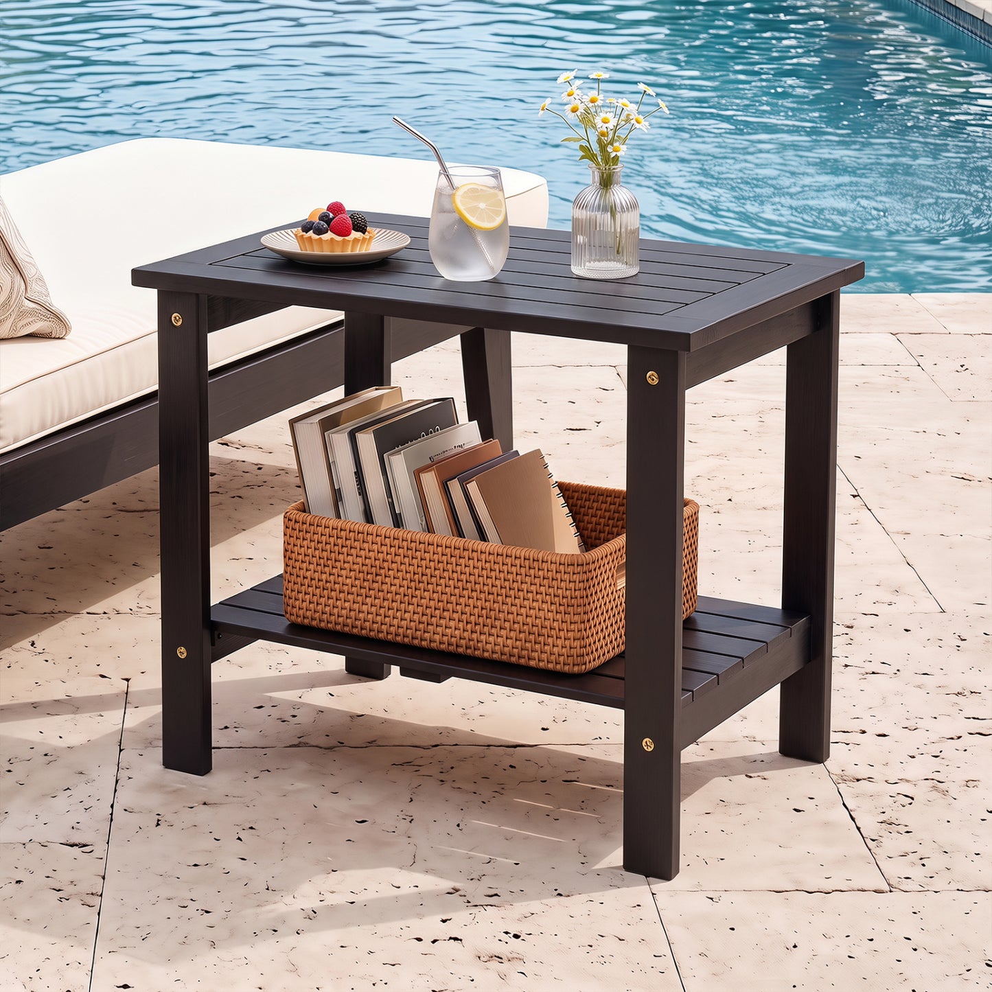 2-Tier Eucalyptus Wood Patio End Table with Storage Shelf
