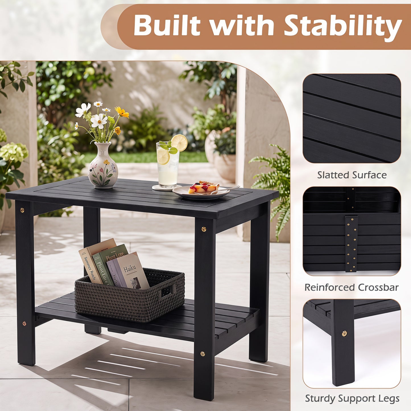 2-Tier Eucalyptus Wood Patio End Table with Storage Shelf
