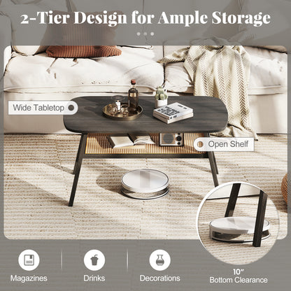 2-Tier Rectangular Center Coffee Table with Rattan Storage Shelf and Rubber Wood Legs-Dark Gray