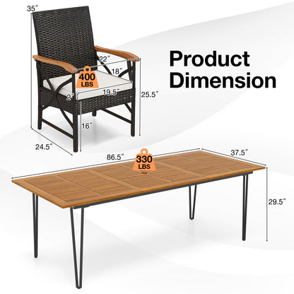 Wicker Patio Furniture Set of 8 Armchairs with Soft Cushions and Acacia Wood Square Table