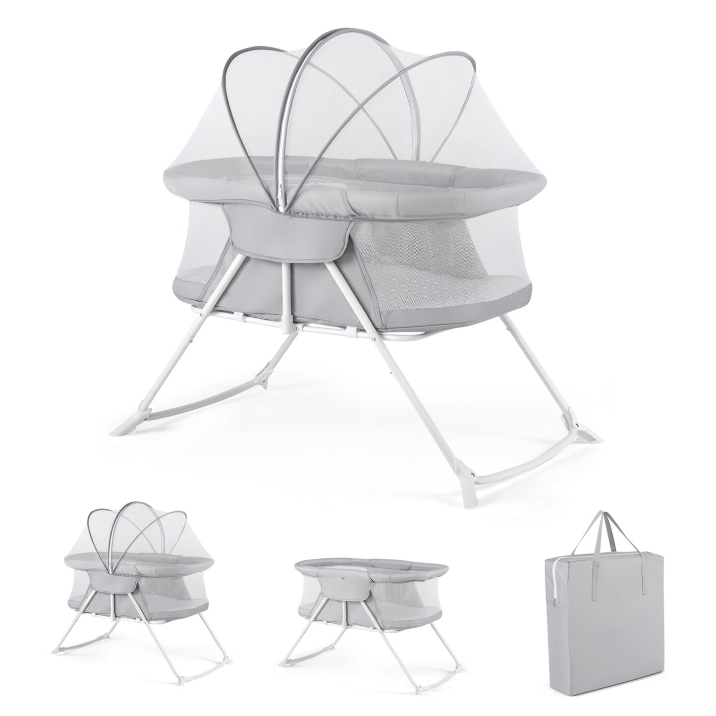 2 in 1 Baby Bassinet with Rocking Motion Foldable Bedside Sleeper with Breathable Mesh