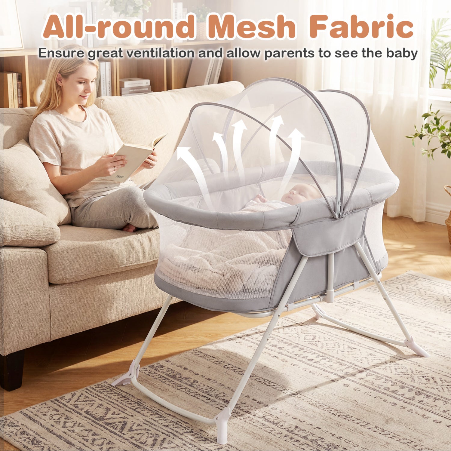 2 in 1 Baby Bassinet with Rocking Motion Foldable Bedside Sleeper with Breathable Mesh