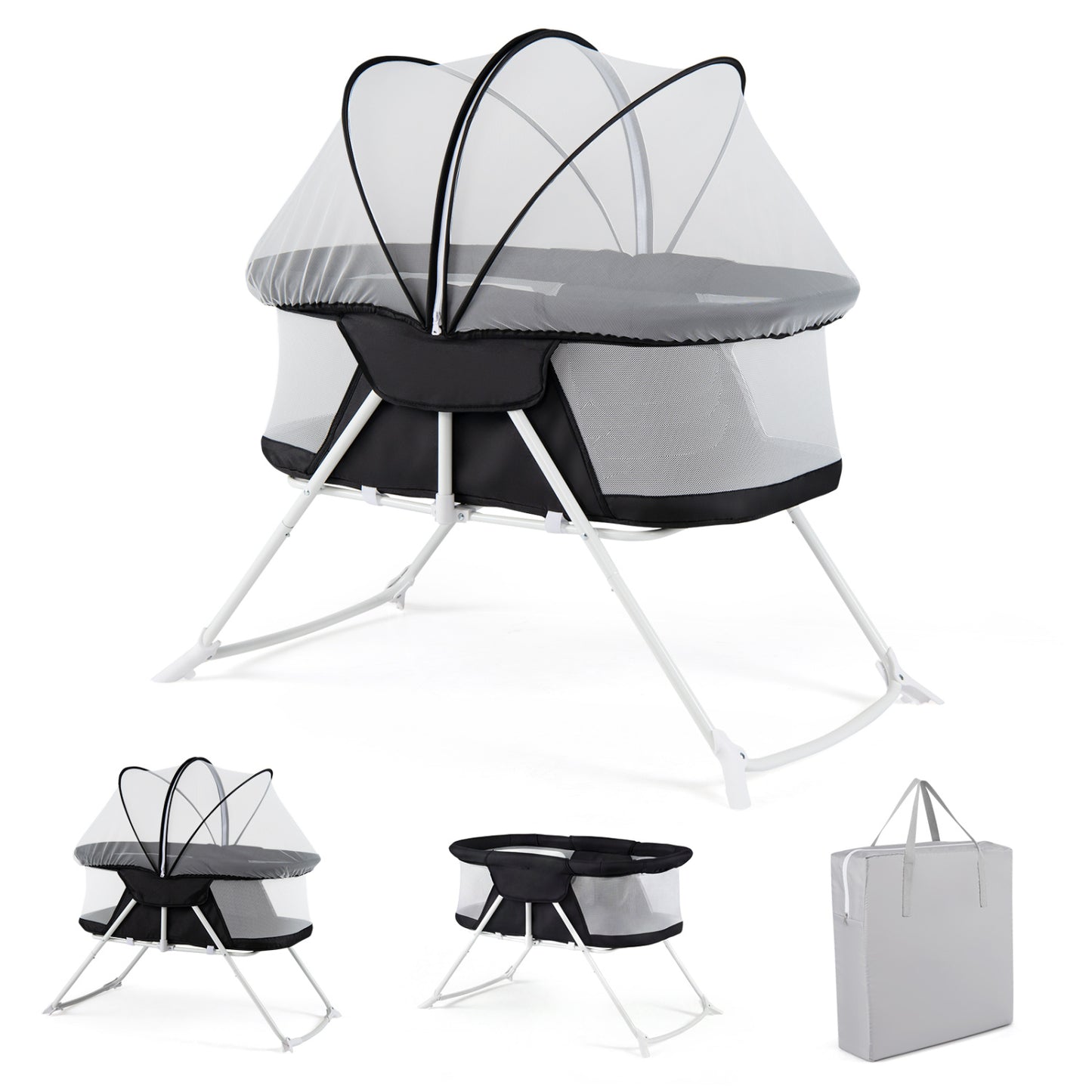 2 in 1 Baby Bassinet with Rocking Motion Foldable Bedside Sleeper with Breathable Mesh