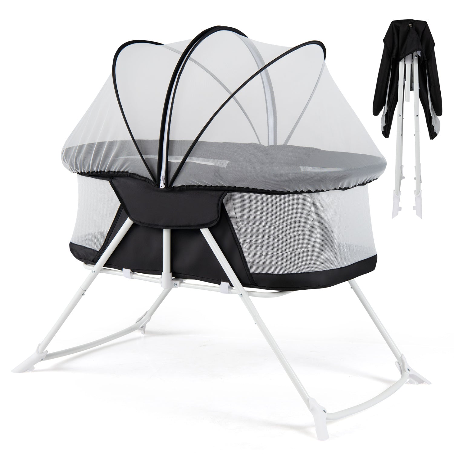 2 in 1 Baby Bassinet with Rocking Motion Foldable Bedside Sleeper with Breathable Mesh