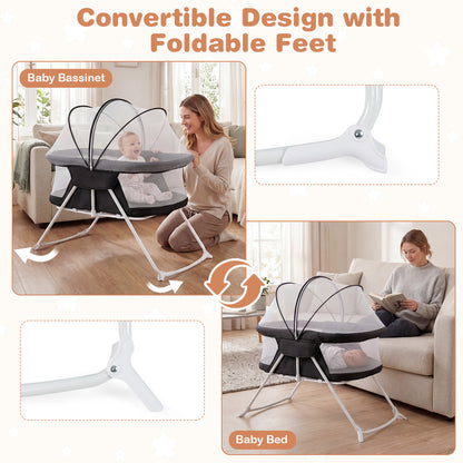 2 in 1 Baby Bassinet with Rocking Motion Foldable Bedside Sleeper with Breathable Mesh