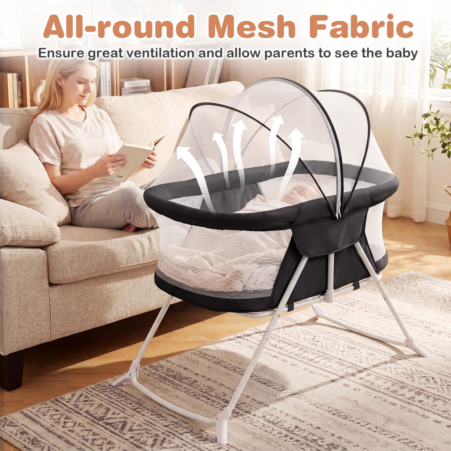 2 in 1 Baby Bassinet with Rocking Motion Foldable Bedside Sleeper with Breathable Mesh