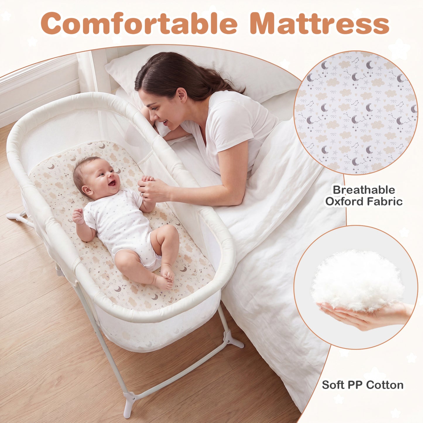 2 in 1 Baby Bassinet with Rocking Motion Foldable Bedside Sleeper with Breathable Mesh