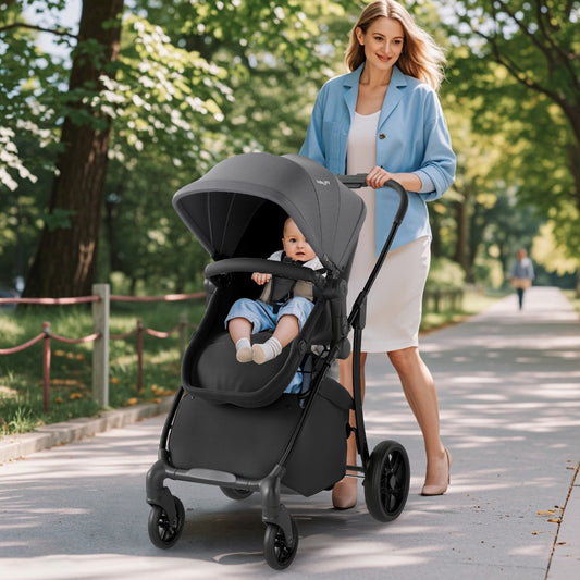 2-in-1 Baby Stroller with Bassinet Mode and Reversible Seat-Gray