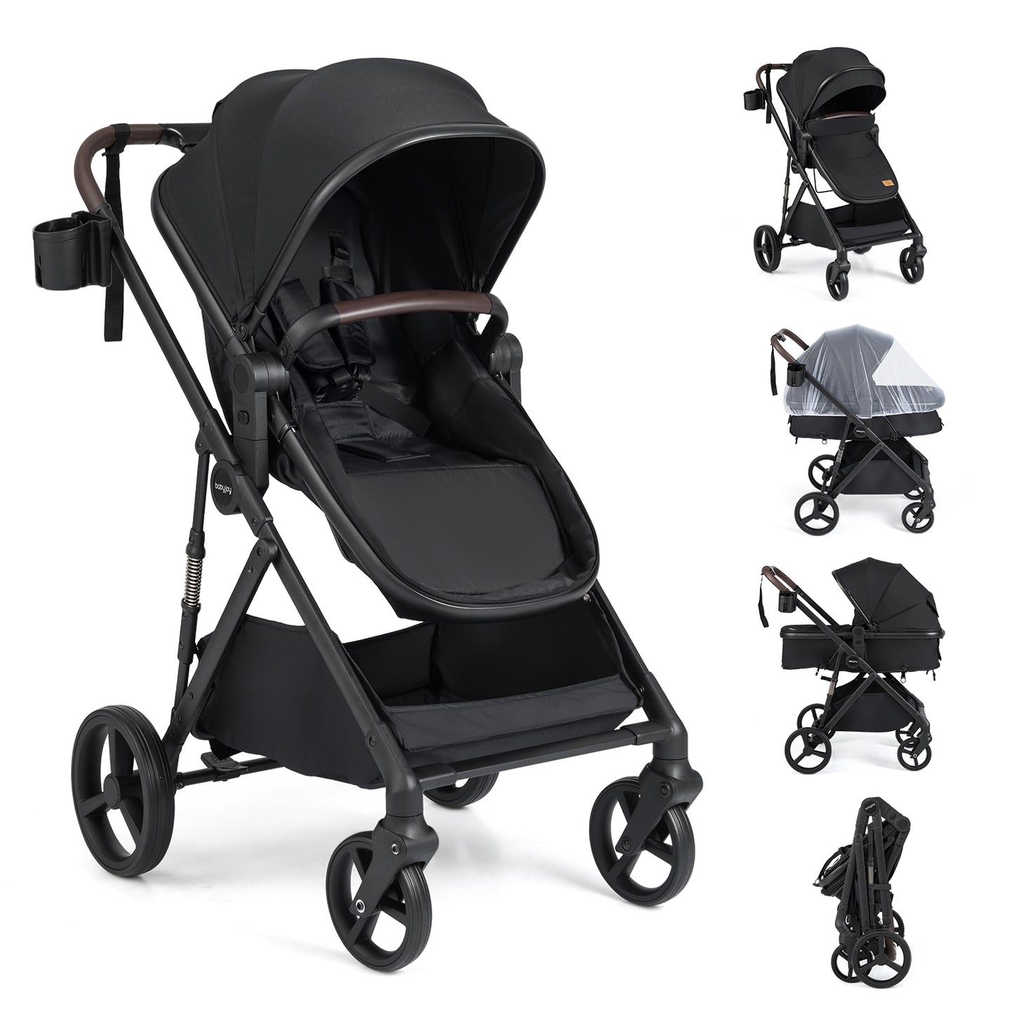 2 in 1 Baby Stroller with Bassinet Mode High Landscape with Reversible Seat and Canopy-Black