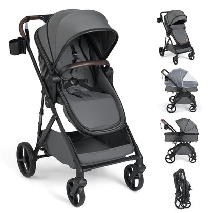 2 in 1 Baby Stroller with Bassinet Mode High Landscape with Reversible Seat and Canopy-Gray