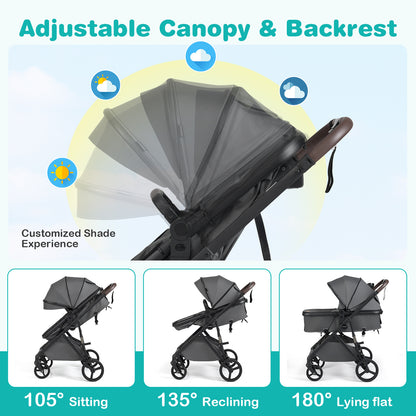 2 in 1 Baby Stroller with Bassinet Mode High Landscape with Reversible Seat and Canopy-Gray