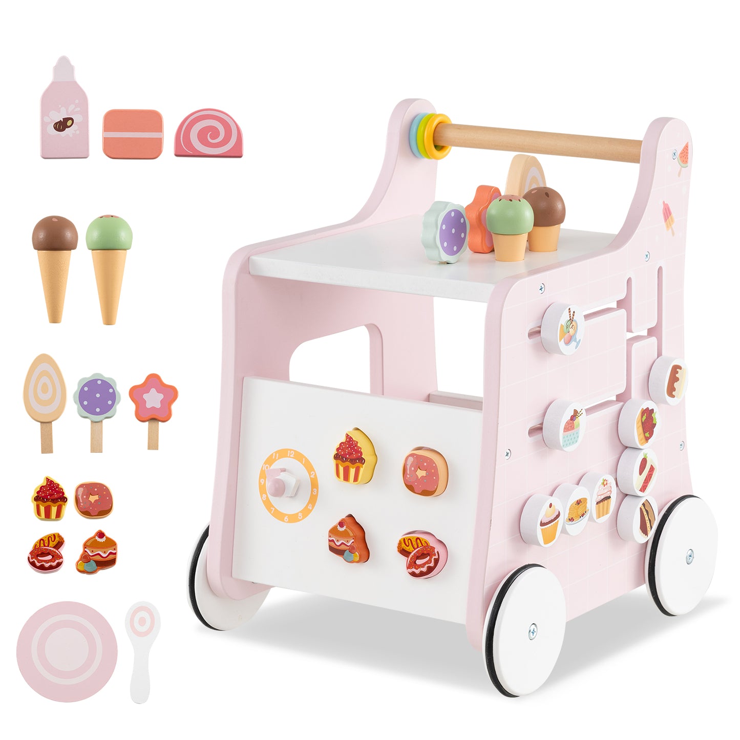 2-in-1 Baby Walker with Storage and Ice Creams for 1+ Years Old-Pink - Pink