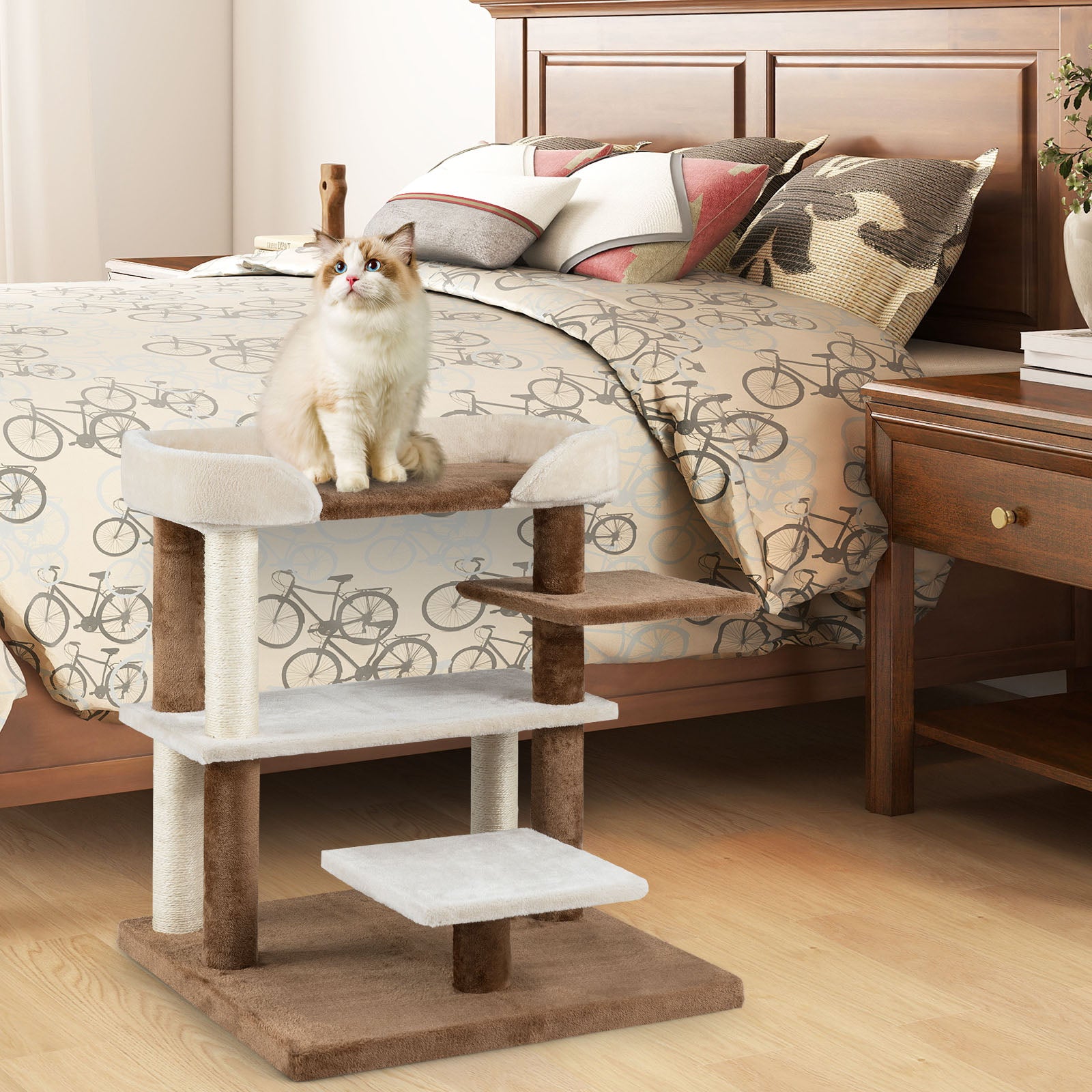 2-in-1 Cat Tree Tower Pet Steps with Sisal Scratching Posts and 4 Large Platforms-Brown