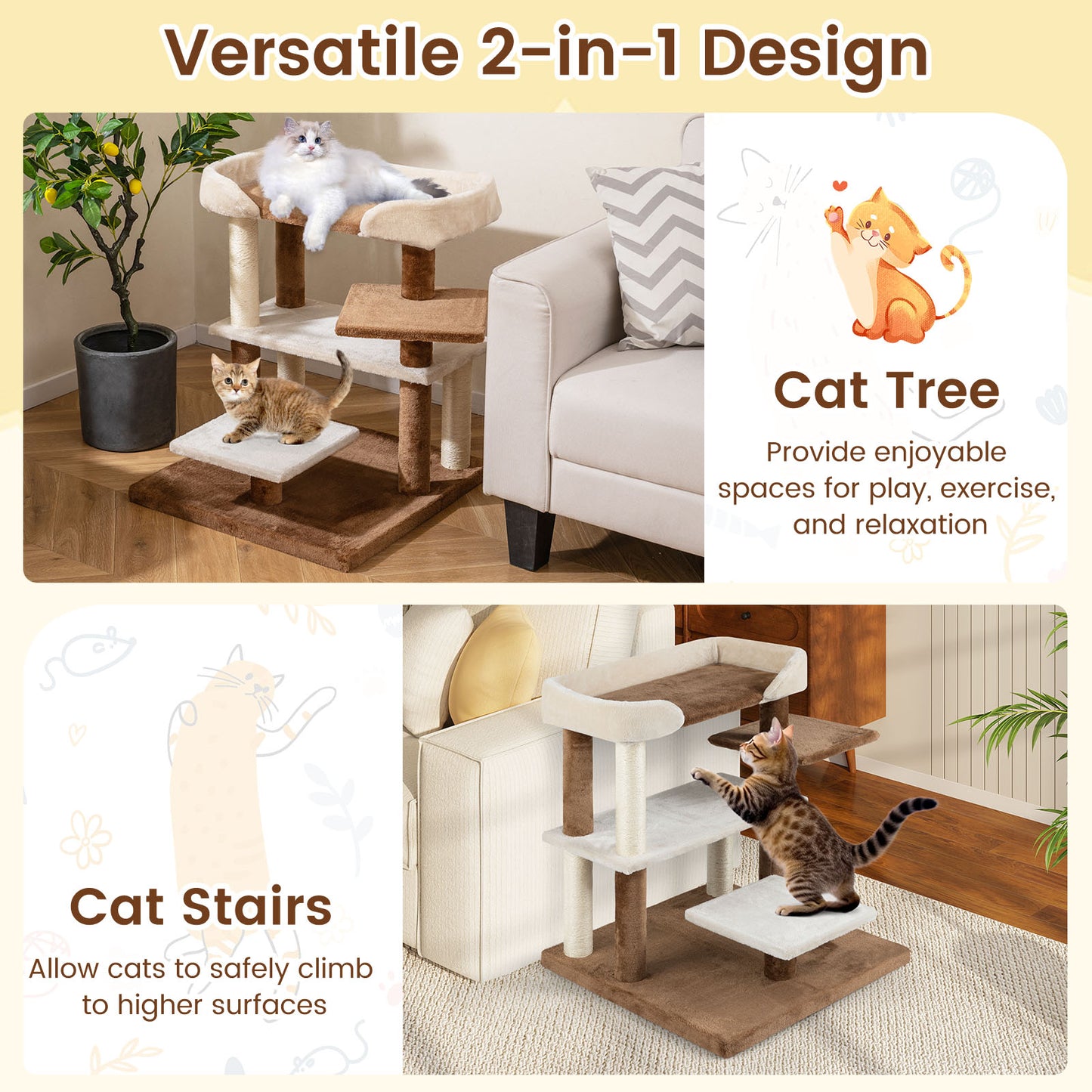 2-in-1 Cat Tree Tower Pet Steps with Sisal Scratching Posts and 4 Large Platforms-Brown