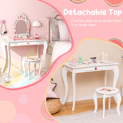 2 in 1 Children Pretend Makeup Vanity Set with Removable Mirror and Storage Drawer-White