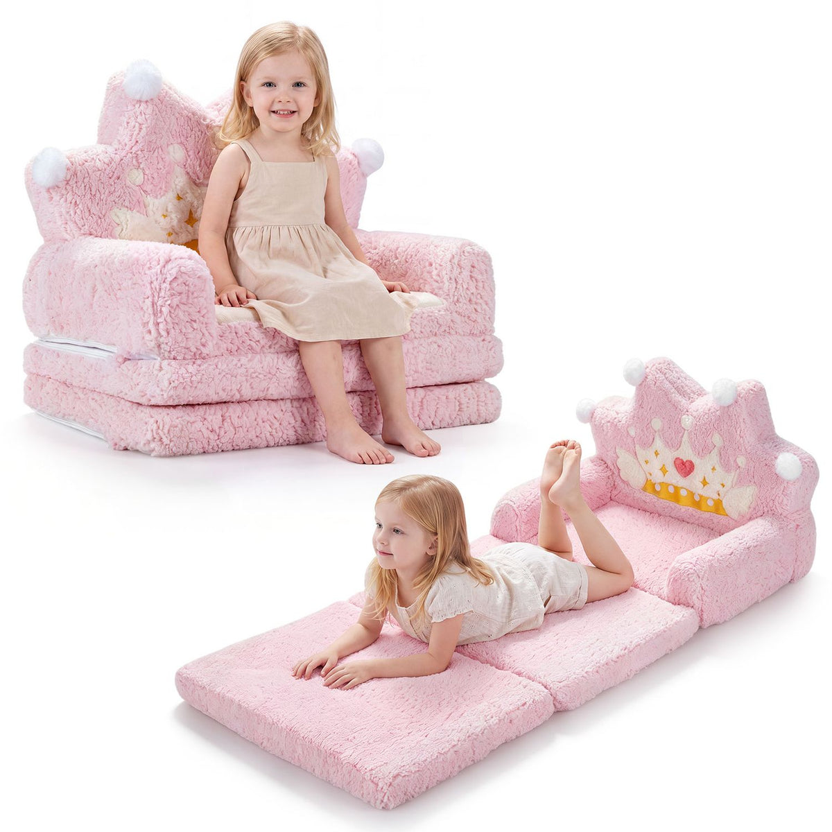 2-in-1 Foldable Kids Sofa Bed with Washable Removable Slipcover for Toddlers-Pink