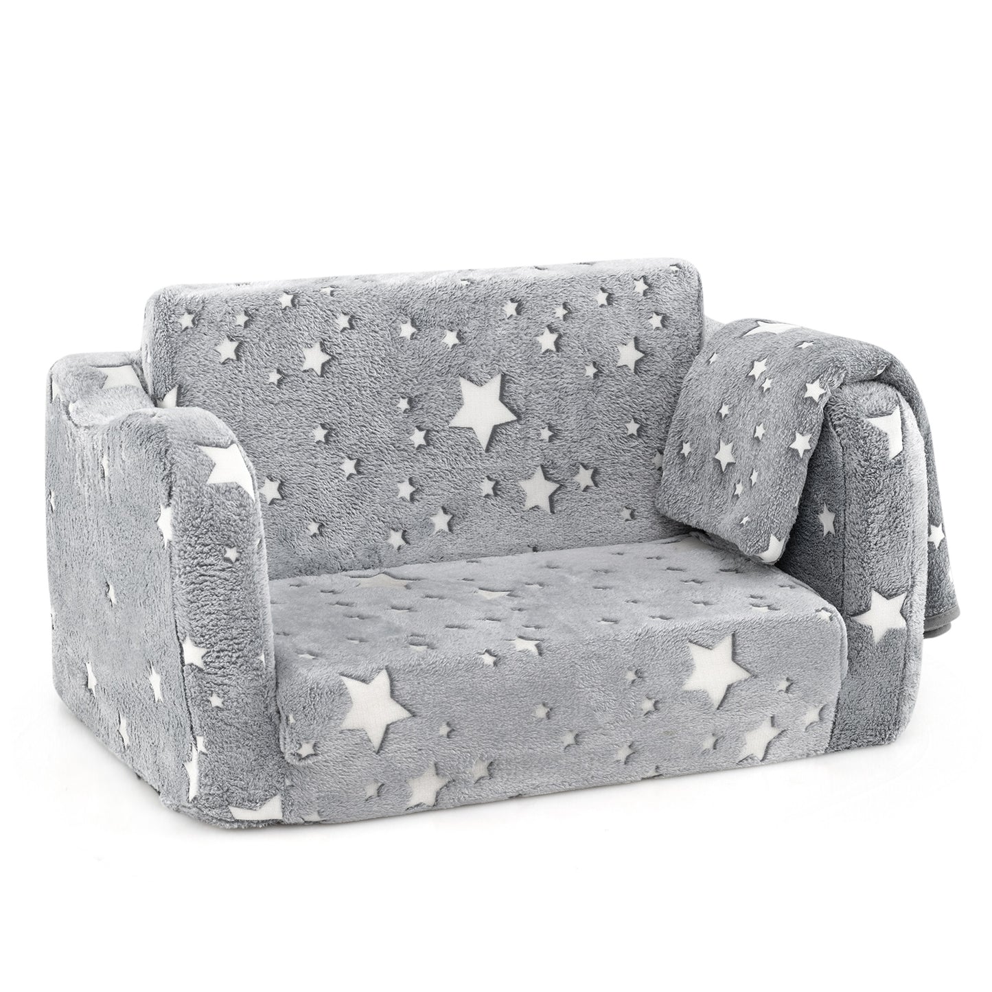 2-in-1 Folding Kids Couch with Blanket Glow in the Dark-Multicolor - Gray