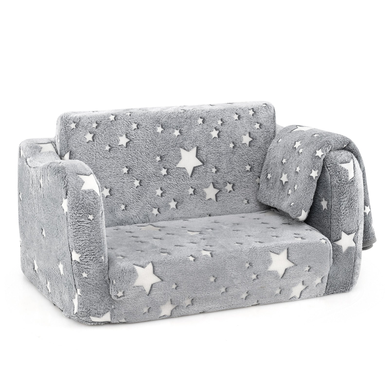 2-in-1 Folding Kids Couch with Blanket Glow in the Dark-Multicolor - Gray