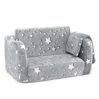 2-in-1 Folding Kids Couch with Blanket Glow in the Dark-Multicolor - Gray