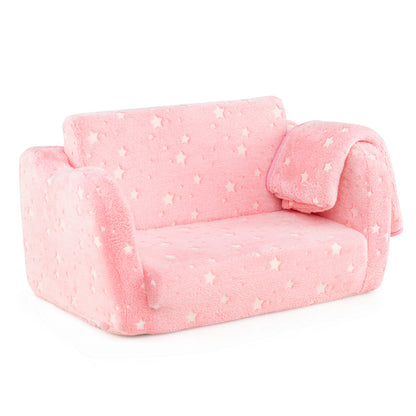 2-in-1 Folding Kids Couch with Blanket Glow in the Dark-Multicolor - Pink